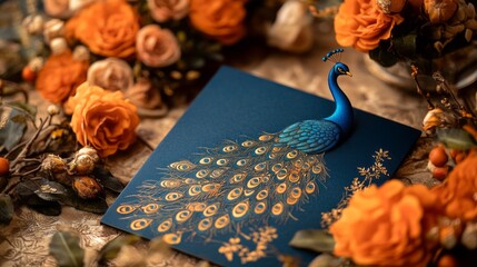 Indian wedding invitation on a table with peacock design  " ai generator "
