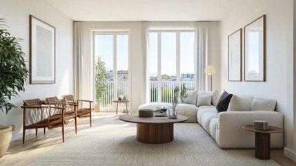 Fototapeta premium Bright Scandinavian living room with a mockup poster frame, light wood flooring, contemporary minimalist furniture