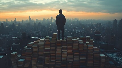 Man on a Pile of Books Looking Over City