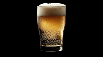 A cold, clear glass of light beer with a foamy head.