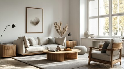 Clean, minimalist Scandinavian living room with mockup poster frame, light wooden furniture, and soft neutral colors