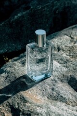 Parfum, perfume bottle. Elegant luxury scent bottle, textured gray stone backdrop. Eau de toilette, fragrance, fashion, lifestyle. Blank labeled. Room for copy space.	