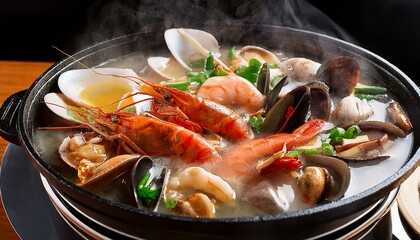 シーフードがたっぷり入った石鍋の鍋料理が煮込まれる様子。具材がゴロゴロと見え、香りが立ち込める温かい家庭的な食事シーンです。

