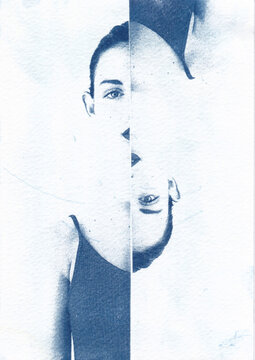 Cyanotype portrait of a woman with double exposure