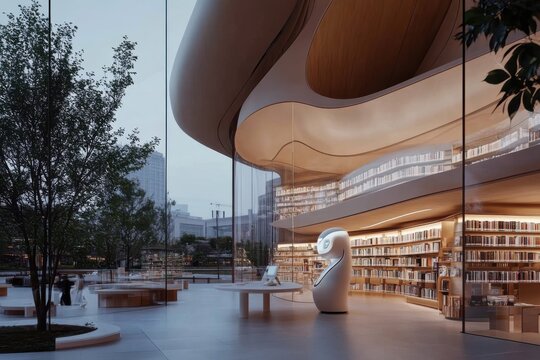 A modern library with a striking curved glass design and a central robot, symbolizing the future of learning spaces blending architecture and technology.