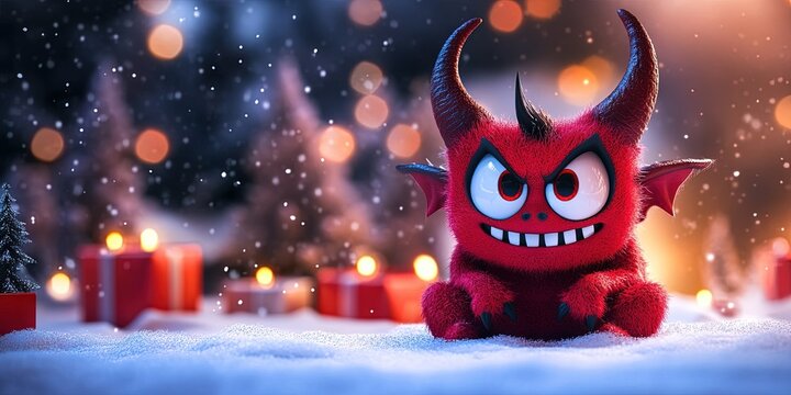Adorable 3D animated cartoon devil, christmas background, copy space 
