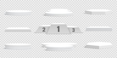 Set of white blank podiums on transparent background. Pedestals. Scene. Vector illustration.