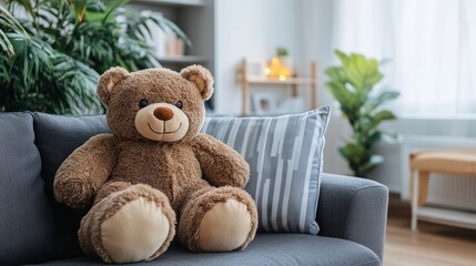 Large teddy bear with open arms, leaning on a pillow on the couch. generative ai