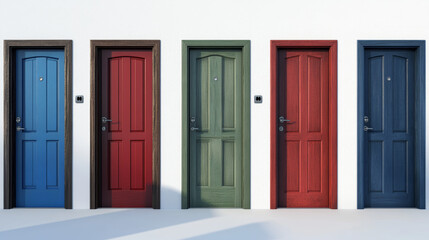 A collection of realistic 3D doors, both interior and exterior, in various colors with different handles. They are isolated on a white background.