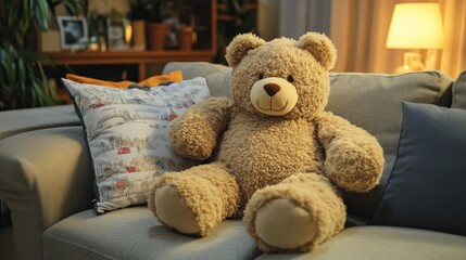 Large teddy bear with open arms, leaning on a pillow on the couch. generative ai