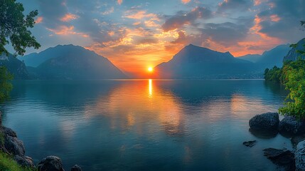 Serene sunset over a tranquil lake surrounded by mountains and lush greenery.