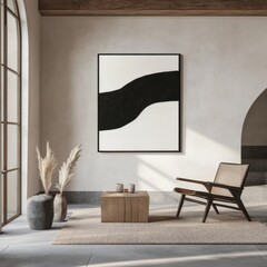 Empty frame on the wall of a spacious, contemporary living room, with clean, modern design elements and a minimalist aesthetic â€“ar