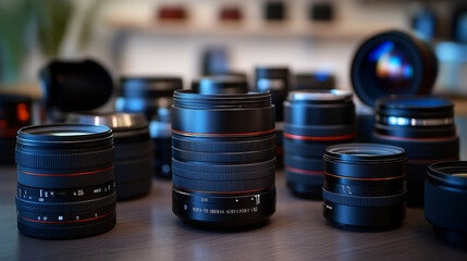 A collection of DSLR camera lenses, each a different size and with unique ways of reflecting light.
