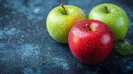 Three apples, one red and two green, glistening with water droplets on a textured surface.