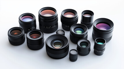 A collection of DSLR camera lenses, each a different size and with unique ways of reflecting light.