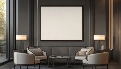 Modern lounge area with seating, lamps, and a blank wall for artwork or display.