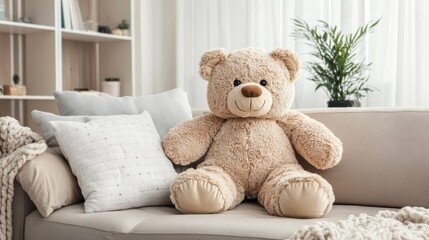 Large teddy bear with open arms, leaning on a pillow on the couch. generative ai