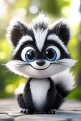 Fototapeta premium A smiling, fluffy, soft, 3D cartoon character skunk with big eyes, long eyelashes