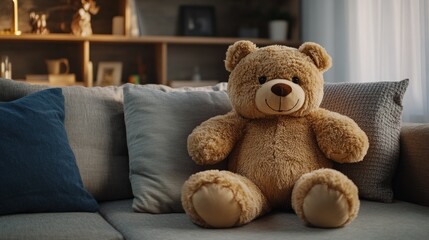 Large teddy bear with open arms, leaning on a pillow on the couch. generative ai