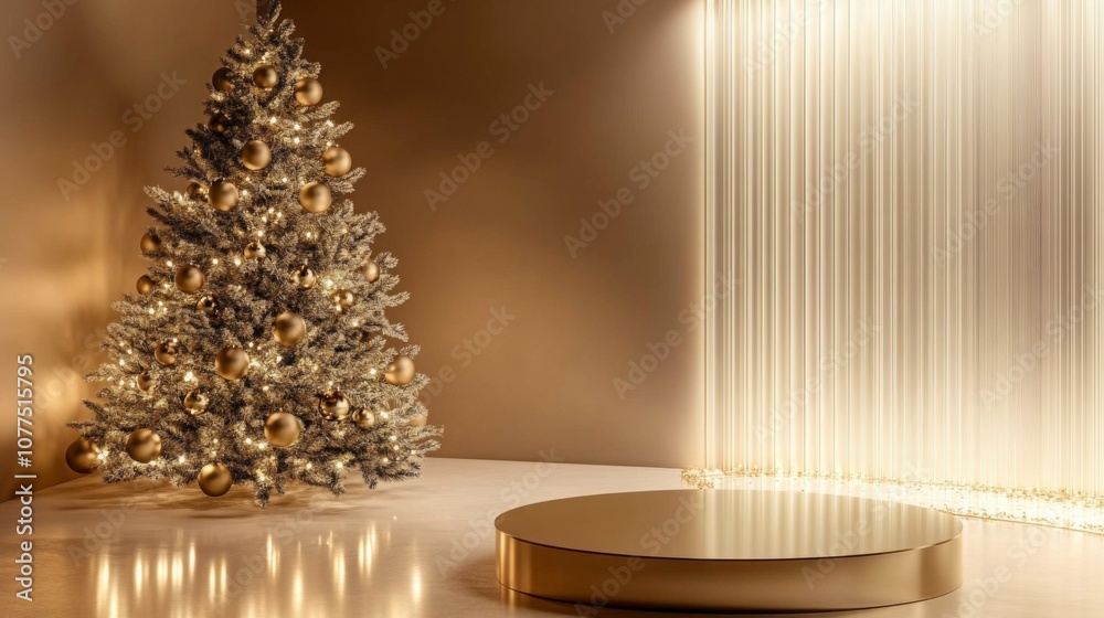 Poster a decorated christmas tree with gold ornaments and string lights stands next to a golden platform in