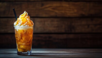 Creamsicle Cocktail With Orange Soda: A Refreshing Blend Of Ice Cream And Orange In A Dreamsicle Drink Served On Rustic Wooden Copy Space.