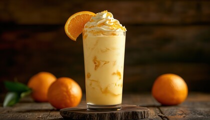 Refreshing Creamsicle Cocktail With Orange Soda Base. A Creamy Ice Cream And Orange Smoothie Blend. A Delicious Dreamsicle Drink With Rustic Wooden Background And Copy Space.