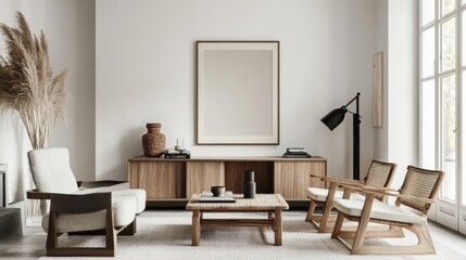 Minimalist Scandinavian living room with a mockup poster frame on a clean white wall, light wood accents, sleek modern furnishings, ultra-realistic 3D render.
