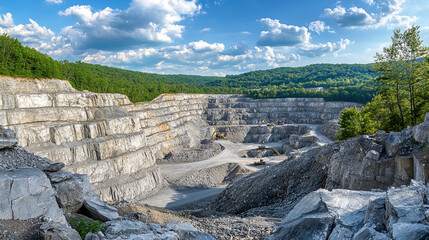 Rocky Quarry with Excavation Equipment and Rock Formations