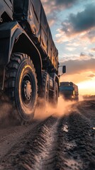 Military trucks driving on dirt road at sunset