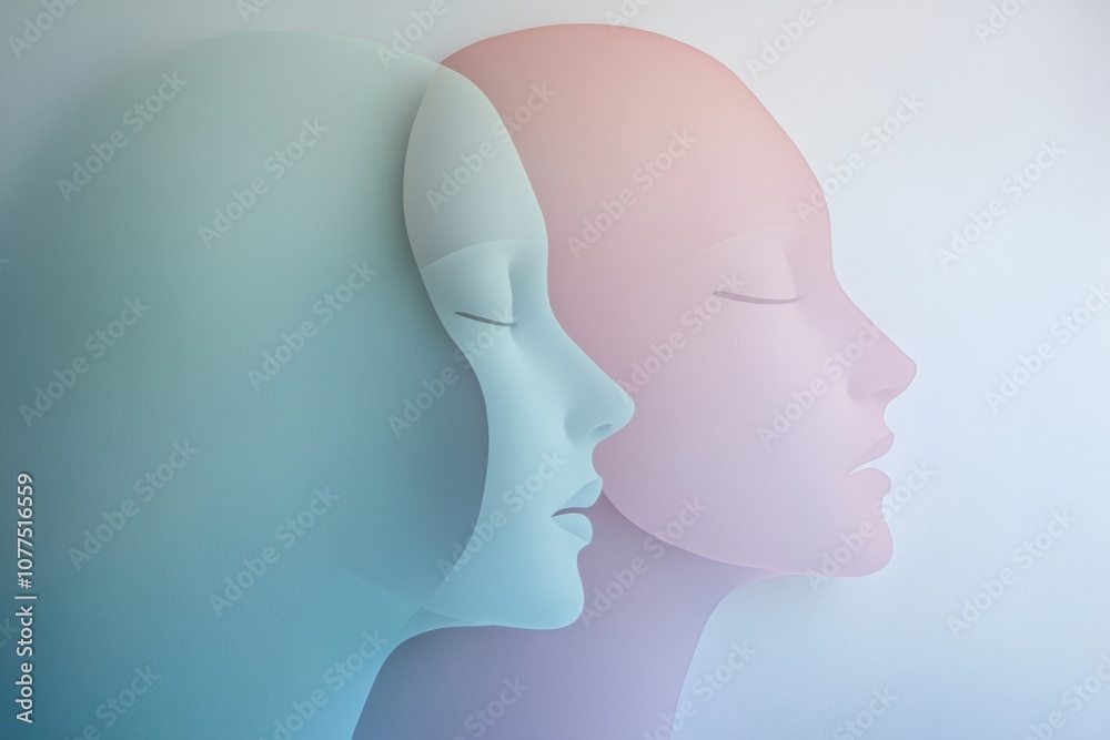 Fototapete Two abstract silhouettes in soft pastel tones represent the concepts of communication and empathy through their gentle interaction. Generative AI