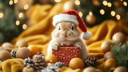White rabbit in a Santa hat holding a gift box on yellow background with text space, great for holiday postcards and banners 2026 - 2027.