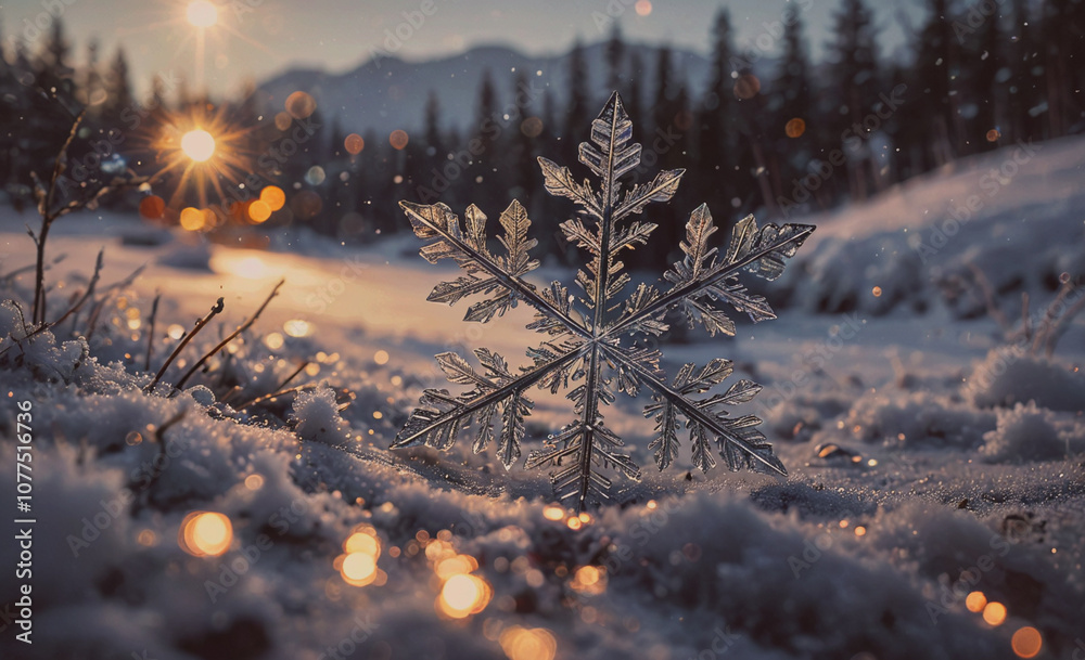 Poster snowflake is on the ground in the snow