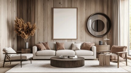 Mockup poster frame on a soft light wood wall in a Scandinavian-style living room, with modern furniture, neutral tones, and a clean, open design, ultra-realistic 3D render.