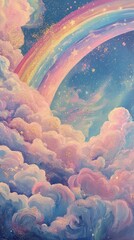 Bright rainbow shines over sparkling clouds in fantasy sky