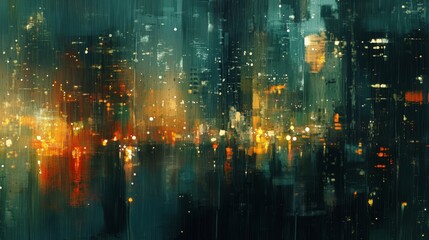 A digital painting of a futuristic cityscape at night, with rain falling and the lights of the city reflecting in the wet streets.