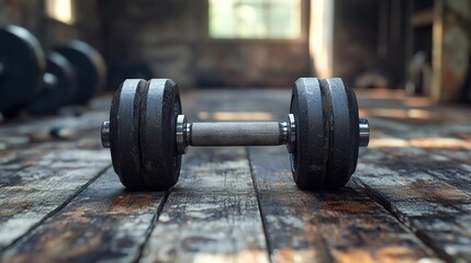 Heavy dumbbell resting on wooden floor in gym setting