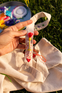 Hand Embroidery on Fabric Outdoors