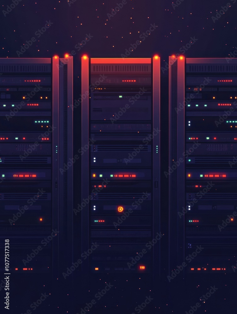 Aufkleber Rows of servers blink with colorful indicators, creating a glowing display in a dark server room during nighttime. Generative AI