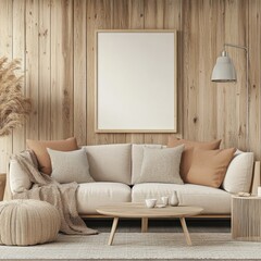 Modern Scandinavian living room featuring a mockup poster frame on a light wood wall, cozy contemporary furnishings, and a bright, minimalist atmosphere, ultra-realistic