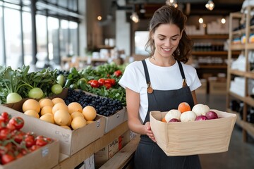 Obraz premium Woman Enjoys Fresh Fruits While Shopping at Market