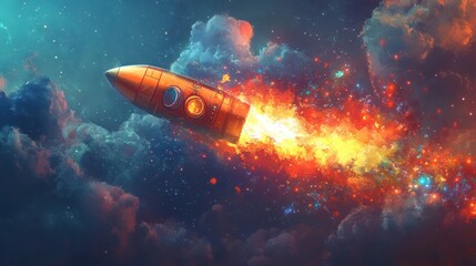 Fototapeta premium A retro-style rocket ship bursts through the clouds, leaving a fiery trail of exhaust. The sky behind is filled with glowing stars and nebulae.