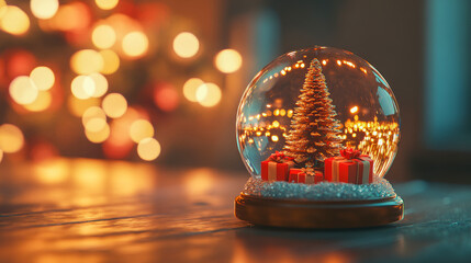 Fototapeta premium A festive snow globe featuring a Christmas tree, surrounded by falling snowflakes, evoking holiday cheer and warmth.