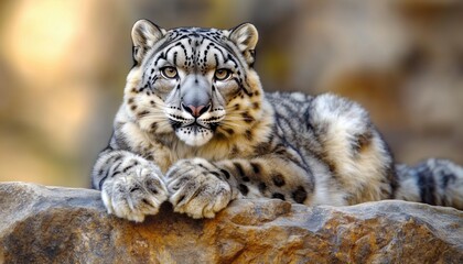 Fototapeta premium Snow Leopard With Long Tail In Natural Stone Rocky Mountain Habitat: Spiti Valley, Himalayas, India. Close-Up Wide Angle View Of Panthera Uncia Wildlife Nature.