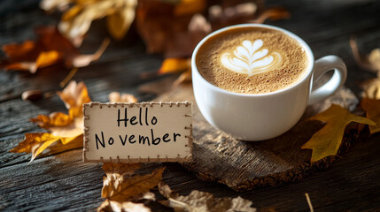 A cozy cup of coffee with a creamy cappuccino sits on a rustic wooden table.  Autumn leaves and a handwritten "Hello November" sign create a warm, fall atmosphere.