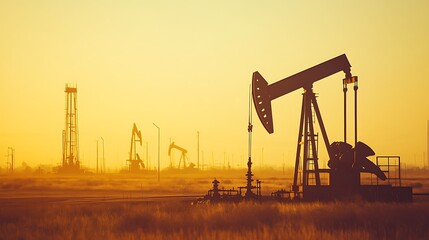Oil pumps silhouetted against a golden sunrise in an industrial landscape.