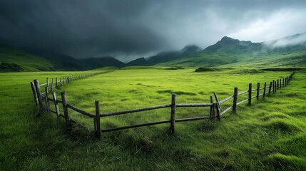 Lush green pasture with rustic wooden fence and mountains under stormy dark clouds