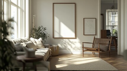 Fototapeta premium Scandinavian-style hipster interior featuring a mockup poster frame on the wall, neutral tones, modern furnishings, and natural wood accents, ultra-realistic 3D render.