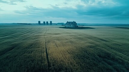 Fototapeta premium A Single House in a Field of Wheat with Silos in the Distance