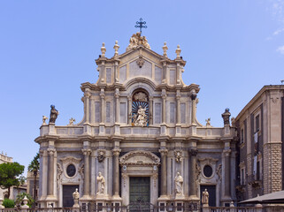 The Saint Agatha basilica cathedral facade in a sunny summer day. Catania, Sicily 