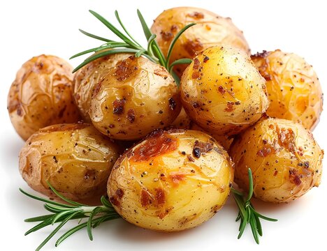 Crispy roasted baby potatoes seasoned with herbs and spices garnished with fresh rosemary isolated on white background, close-up of side dish